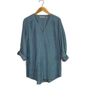 SOFT SURROUNDINGS Med Seafoam Linen Blend Embroidered Tunic Top Roll Tab Sleeves